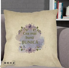 Cadou pentru Bunica - Perna Personalizata Cea Mai Buna Bunica Flori Mov Acuarela Auriu, 40x40 cm, Crem, Husa Detasabila, Perna Inclusa, BEKZ®