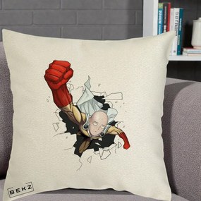 Perna Personalizata One Punch Man Saitama Pumn, 40x40 cm, Ecru, Husa Detasabila, Perna Inclusa, BEKZ®