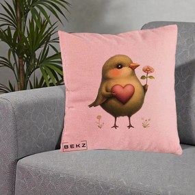 Perna Decorativa Pasare Verde cu Inima si Floare, 40x40 cm, Roz, Husa Detasabila, Perna Inclusa, BEKZ®