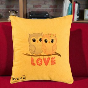 Perna Decorativa Love Bufnite Indragostite pe Crenguta Roz si Mov, 40x40 cm, Galben, Husa Detasabila, Perna Inclusa, BEKZ®