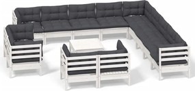 vidaXL Set mobilier grădină cu perne, 14 piese, alb, lemn masiv pin