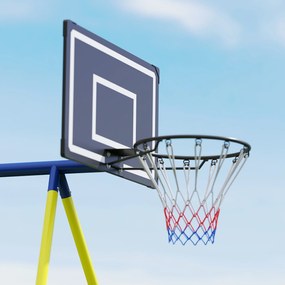 AIYAPLAY Set Leagăne de Grădină 4-în-1 pentru Copii cu Leagăne Duble, Coș de Baschet, Poartă de Fotbal, Cadru Metalic în Formă de A, Capacitate 150 kg, pentru Exterior, 3-8 Ani, 288x160x220 cm | Aosom Romania