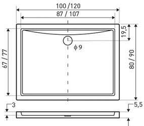 Cădiță de duș pătrată universală Oskar, 100x90x5,5 cm, design jos