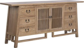 Bufet rustic în stil oriental, din lemn de ulm reciclat, natur, cu 2 uși cu grilaj, 6 sertare și siluetă trapezoidală, 79 x 180 x 42 cm, „Joyeuse”