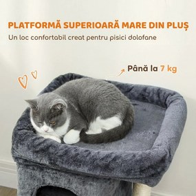 PawHut Ansamblu de joacă pentru pisici de până la 7 kg cu 2 căsuțe, pat și stâlp de sisal, 66cm, Gri | Aosom Romania