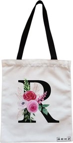 Sacosa de Panza pentru Cumparaturi, Geanta Tote, Cu litera R si Trandafiri, Cu fermoar, 38x34.5 cm, Alba, BEKZ®