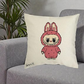 Perna Personalizata Labubu Roz Solo, 40x40 cm, Ecru, Husa Detasabila, Perna Inclusa, BEKZ®