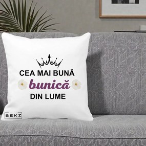 Cadou pentru Bunica - Perna Personalizata Cea Mai Buna Bunica Din Lume Coroana Mov Flori, 40x40 cm, Alba Mata, Husa Detasabila, Perna Inclusa, BEKZ®