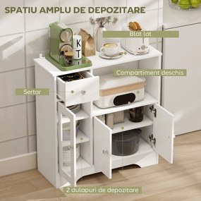 HOMCOM Credență Bufet cu Compartiment Deschis, Sertar, 3 Rafturi și Dulap cu 2 Uși, din Lemn, 80x30x82 cm, Alb | Aosom Romania