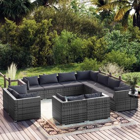 Set mobilier de gradina cu perne, 11 piese,gri, poliratan gri si antracit, 7x colt + 4x mijloc, 1