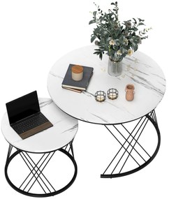 HOMCOM Mese de cafea în set de 2 bucăți, aspect marmură, plăci de particule, metal, mese de cafea rotunde pentru living, plasabile unul în altul, Alb | Aosom Romania