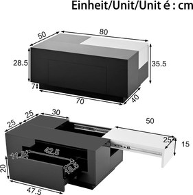 Masă de cafea cu iluminare LED, blat extensibil și spațiu de depozitare, 80x50x35,5 cm, Alb+Negru