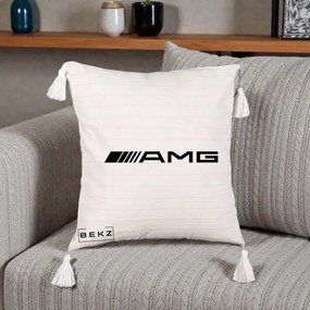 Perna Personalizata cu emblema Mercedes-AMG, 40x40 cm, Bej cu Franjuri, Husa Detasabila, Perna Inclusa, BEKZ®