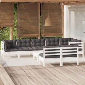 vidaXL Set mobilier grădină cu perne, 9 piese, alb, lemn masiv pin
