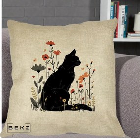 Perna Decorativa Pisica Neagra Profil Flori Portocalii, 40x40 cm, Crem, Husa Detasabila, Perna Inclusa, BEKZ®