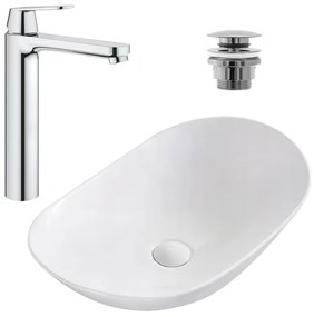 Pachet lavoar pe blat Rea Royal alb 62.5 cm, baterie lavoar Grohe Eurosmart Cosmopolitan XL crom si ventil lavoar Click-Clack crom