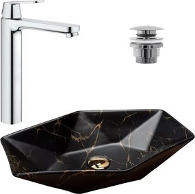 Pachet lavoar pe blat Rea Vegas negru 56.5 cm, baterie lavoar Grohe Eurosmart Cosmopolitan XL crom si ventil lavoar Click-Clack crom