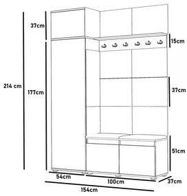 CUI521 - Cuier 154x37x214 cm - 6 agatatori haine, hol, pantofar - Culoarea Stejar, tapiterie Verde/Gri/Albastru