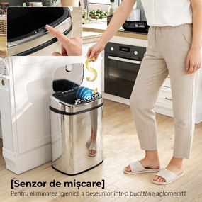 HOMCOM Coș de gunoi cu senzor infraroșu 50L, 2 moduri de deschidere, oțel inoxidabil, argintiu | Aosom Romania