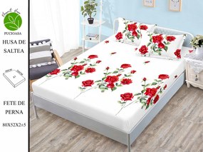 Husa de pat cu elastic 180x200 din Bumbac Finet + 2 Fete de Perna - Alb Cu Trandafiri Rosii