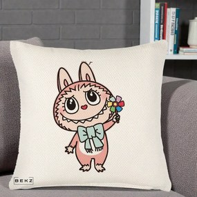 Perna Personalizata Labubu Roz cu Morisca, 40x40 cm, Crem Reliefat, Husa Detasabila, Perna Inclusa, BEKZ®