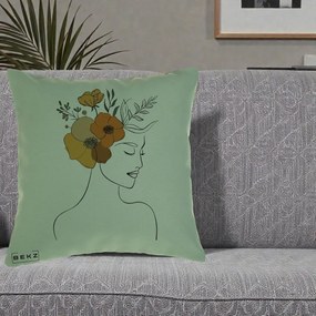 Perna Decorativa Portret Feminin Flori Galbene-Portocalii, 40x40 cm, Verde, Husa Detasabila, Perna Inclusa, BEKZ®