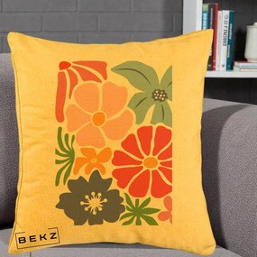 Perna Decorativa Flori Grafice Roz-Rosu-Albastru, 40x40 cm, Galben, Husa Detasabila, Perna Inclusa, BEKZ®