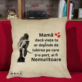 Cadou pentru Mama - Perna Personalizata Mama Nemuritoare Gravura Vintage, 40x40 cm, Crem, Husa Detasabila, Perna Inclusa, BEKZ®