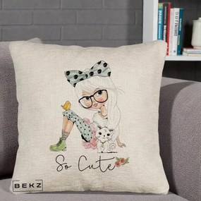 Perna Decorativa So Cute Fata Fashion, 40x40 cm, Bej Canapea, Husa Detasabila, Perna Inclusa, BEKZ®
