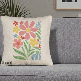 Perna Decorativa Flori Grafice Roz Pastel, 40x40 cm, Bej Canapea, Husa Detasabila, Perna Inclusa, BEKZ®