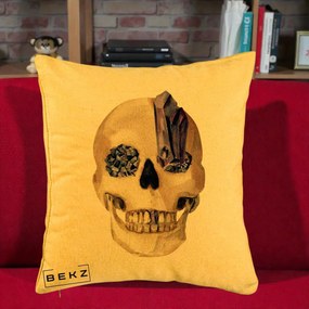 Perna Decorativa Craniu cu Cristale de Ametist, 40x40 cm, Galben, Husa Detasabila, Perna Inclusa, BEKZ®