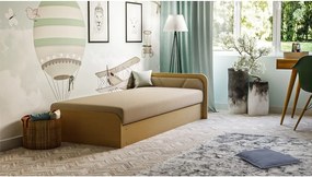 Pat galben ocru/bej tapițat/din placă aglomerată de lemn cu spațiu de depozitare cu saltea 80x190 cm Parys – ELTAP