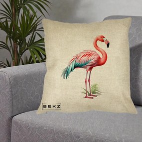 Perna Decorativa Flamingo Roz cu Pene Teal, 40x40 cm, Crem, Husa Detasabila, Perna Inclusa, BEKZ®