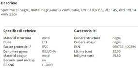 Aplica de perete metal negru/auriu BELLONA