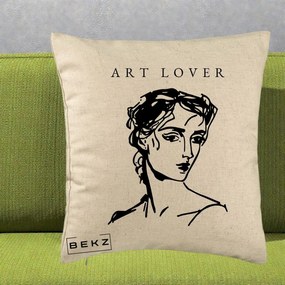 Perna Decorativa Art Lover Portret Grafic, 40x40 cm, Bej, Husa Detasabila, Perna Inclusa, BEKZ®