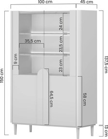 Vitrină cu picioare Amilio 100 cm, două uși - cașmir / stejar uleiat / mânere stejar deschis