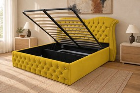 Pat tapițat Chesterfield Avella 160×200 cm, galben muștar, cu ladă de depozitare