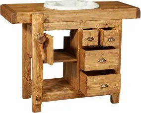 Mobilier de baie, L116 63 H90 cm, 4 sertare, natur, lemn masiv, chiuveta din marmura