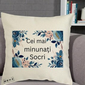 Cadou pentru Socri - Perna Personalizata Cei mai Minunati Socri cu Flori Albastre si Roz, 40x40 cm, Ecru, Husa Detasabila, Perna Inclusa, BEKZ®