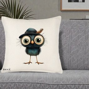 Perna Decorativa Pui Misterios cu Palarie Neagra, 40x40 cm, Crem Reliefat, Husa Detasabila, Perna Inclusa, BEKZ®