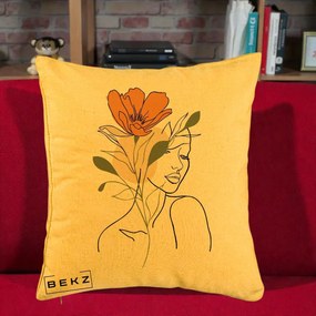 Perna Decorativa Portret Feminin Floare Portocalie, 40x40 cm, Galben, Husa Detasabila, Perna Inclusa, BEKZ®