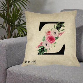 Cadou Personalizat - Perna Personalizata Monograma Florala Litera Z cu Buchet, 40x40 cm, Crem, Husa Detasabila, Perna Inclusa, BEKZ®