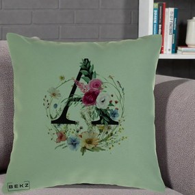 Cadou Personalizat - Perna Personalizata Monogram Litera A cu Flori Acuarela, 40x40 cm, Verde, Husa Detasabila, Perna Inclusa, BEKZ®