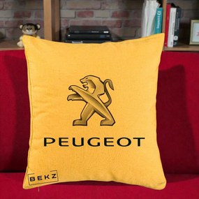 Perna Personalizata cu emblema Peugeot, 40x40 cm, Galben, Husa Detasabila, Perna Inclusa, BEKZ®