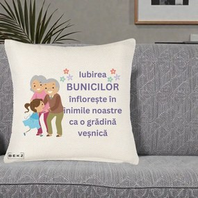 Cadou pentru Bunici - Perna Personalizata Bunicii Iubirea Infloreste Bunici cu Nepoata Colorat, 40x40 cm, Crem Reliefat, Husa Detasabila, Perna Inclusa, BEKZ®