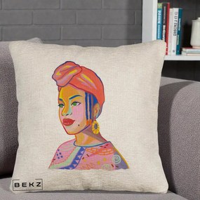 Perna Decorativa Portret Femeie Africana, 40x40 cm, Bej Canapea, Husa Detasabila, Perna Inclusa, BEKZ®