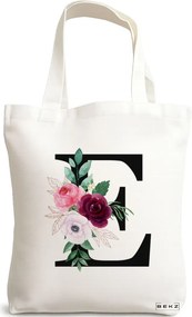 Sacosa de Panza pentru Cumparaturi, Geanta Tote, Cu litera E si Trandafiri, 38x34.5 cm, Alba, BEKZ®