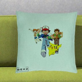 Perna Personalizata Pokemon Ash Misty Brock si Pikachu, 40x40 cm, Verde Menta, Husa Detasabila, Perna Inclusa, BEKZ®