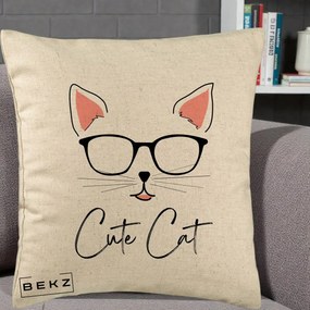 Perna Personalizata Cute Cat cu Ochelari, 40x40 cm, Bej, Husa Detasabila, Perna Inclusa, BEKZ®