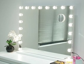 Oglindă cosmetică, sistem iluminare LED cu 3 culori, Senzor Tactil, Luminozitate Reglabilă, 18 becuri LED, Mărire de 10X, Port de încărcare USB, Alb, 80x60 cm